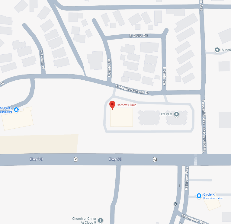 Map showing Carnett Clinic location on E. Mediterranean Drive in Sierra Vista, Arizona